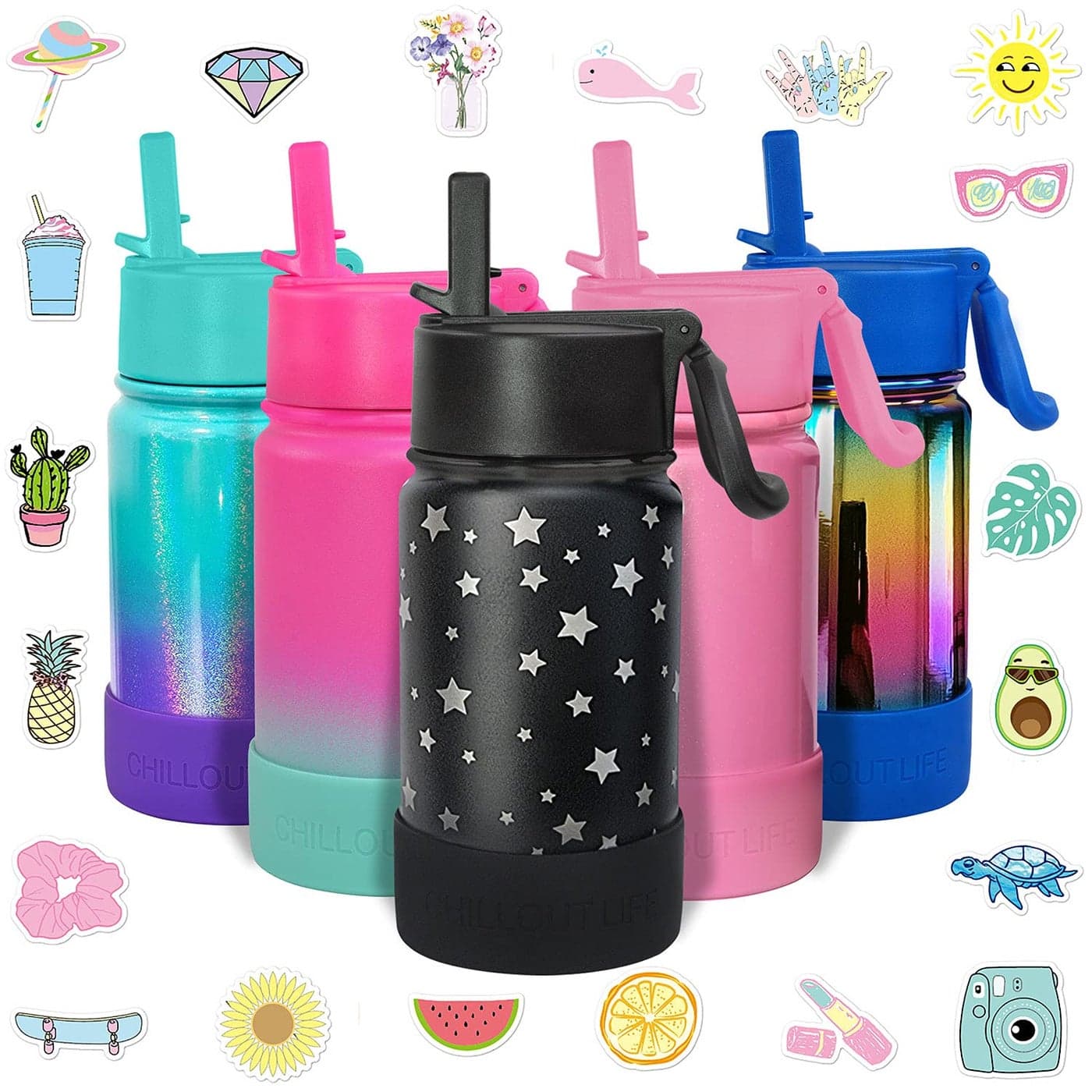 CHILLOUT LIFE 12 oz Kids Insulated Water Bottle for School with Straw Lid Leakproof and Cute Waterproof Stickers Personalized Stainless Steel Thermos Flask Metal Water Bottle for Girls Boys
