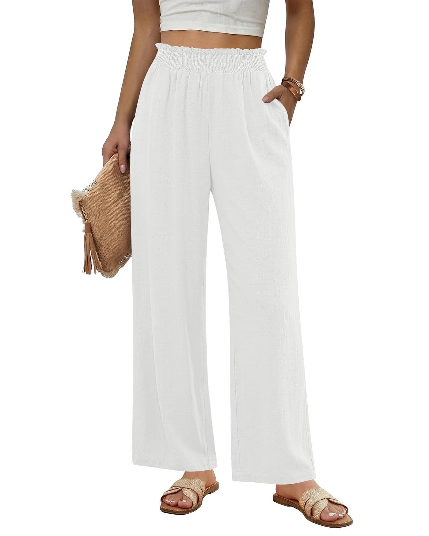 GRAPENT Elastic Waist Pants for Women Wide Leg Linen Pants for Women Ankle Casual Summer White Palazzo Womens Pull On Trousers Ladies Linen Summer 2026 White Size Large US 12 to 14