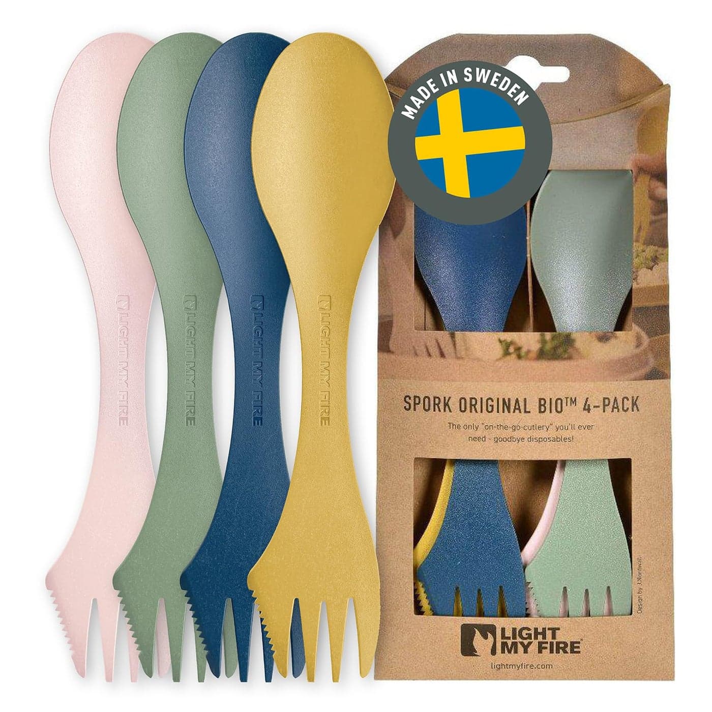 Light My Fire Spork Original 4Pack 3in1 Camping Spoon Fork Knife Combo Reusable Travel Camping Utensils Lunch Spork Outdoor Backpacking Hiking Picnic Utensil BPA Free Nature