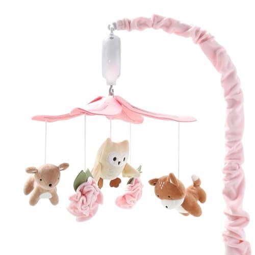 The Peanutshell Crib Mobile for Girls - Pink and White Musical Baby Crib Mobile with 12 Lullabies, Forest Baby Little Forest Nursery Decor
