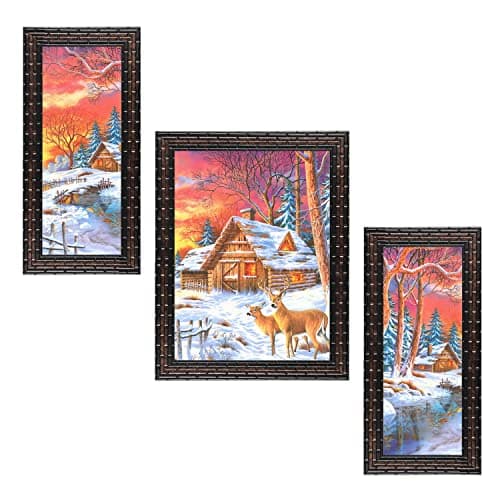 Indianara Set of 3 Nature Framed Art Painting (3268GB) without glass 6 X 13, 10.2 X 13, 6 X 13 INCH