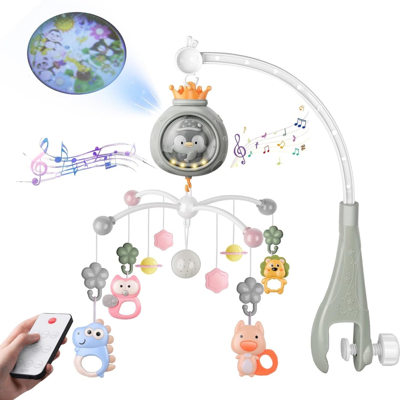 Crib Mobile with Music and Lights Mobiles for Cribs Baby Nursery Space Portable Infant Arm Hanger for Girls Boys Babies Bassinets Pack and Play Clip On Attachment Toys Musical Hanging
