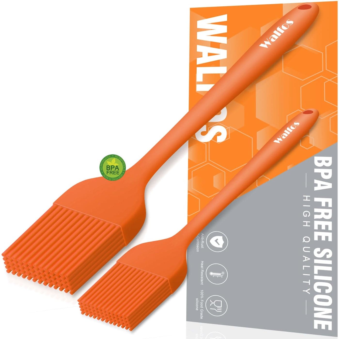 Walfos Silicone Basting Pastry Brush Heat Resistant Pastry Brush Set Strong Steel Core and OnePieces Design Perfect for BBQ Grill Kitchen Cooking BPA Free and Dishwasher safe 2 Pcs orange