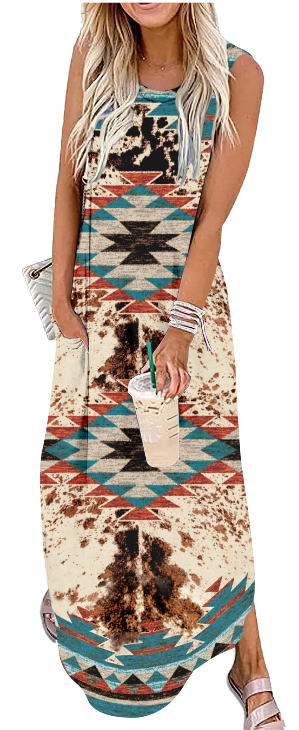 Country Concert Outfits for Women Rodeo Cute Maxi Dress Western Long Dresses Cowgirls Cruise Tshirt Dresses with PocketsAztec MulticolorSmall