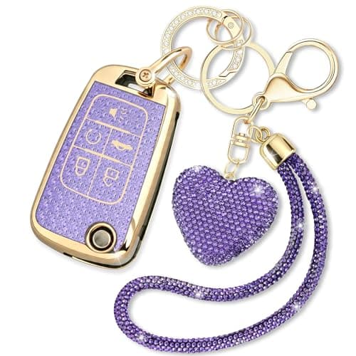 YIKECASE Key Fob Cover with Diamond Keychain for Women Car Key Shell Compatible with Chevy Cruze Camaro Malibu Equinox Impala GMC Buick Encore Regal Flip Folding 5 Buttons PurpleWrist Rope