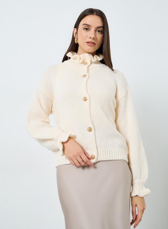 Take Two Cream Ruffled High Neck Knit Cardigan