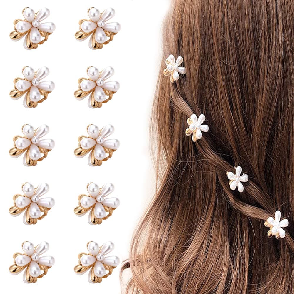 Mini Pearl Hair Barrettes for Women Girls 10pcs Sweet Artificial Pearl Hair Clips Flower Pins Clips for Party Wedding Daily