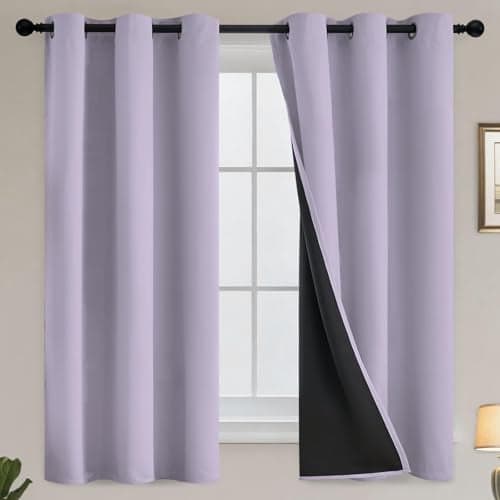 100% Blackout Window Curtain Panels for Bedroom, Heat and Full Light Blocking Drapes with Black Liner for Nursery, Thermal Insulated Solid Grommet Panels for Living Room, 38Wx63L, Lilac, 2 Panels