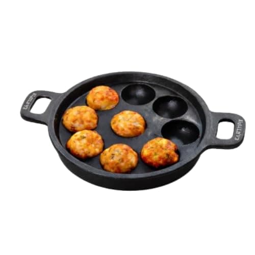 EARTHFIT Cast Iron Appam Pan 9 Pit – Pre-Seasoned Paniyaram/Paddu Maker with Twin Handles | Heavy Duty Cast Iron Cookware for Traditional South Indian Cooking | Compatible with Gas Stove