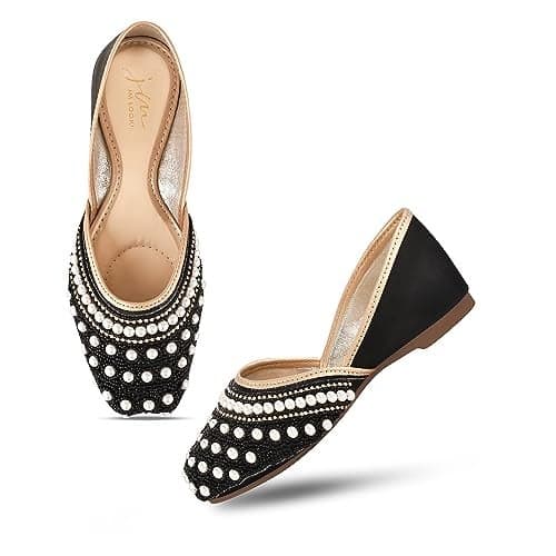 JM LOOKS Stylish Embroidered Jutti for Women/Girls | Embellished Stone Work Jutti | Wedding Bellies | Women Ethnic Shoe Traditional Mojari | Kolhapuri/Jaipuri/Punjabi Jutties | (Black, 38)