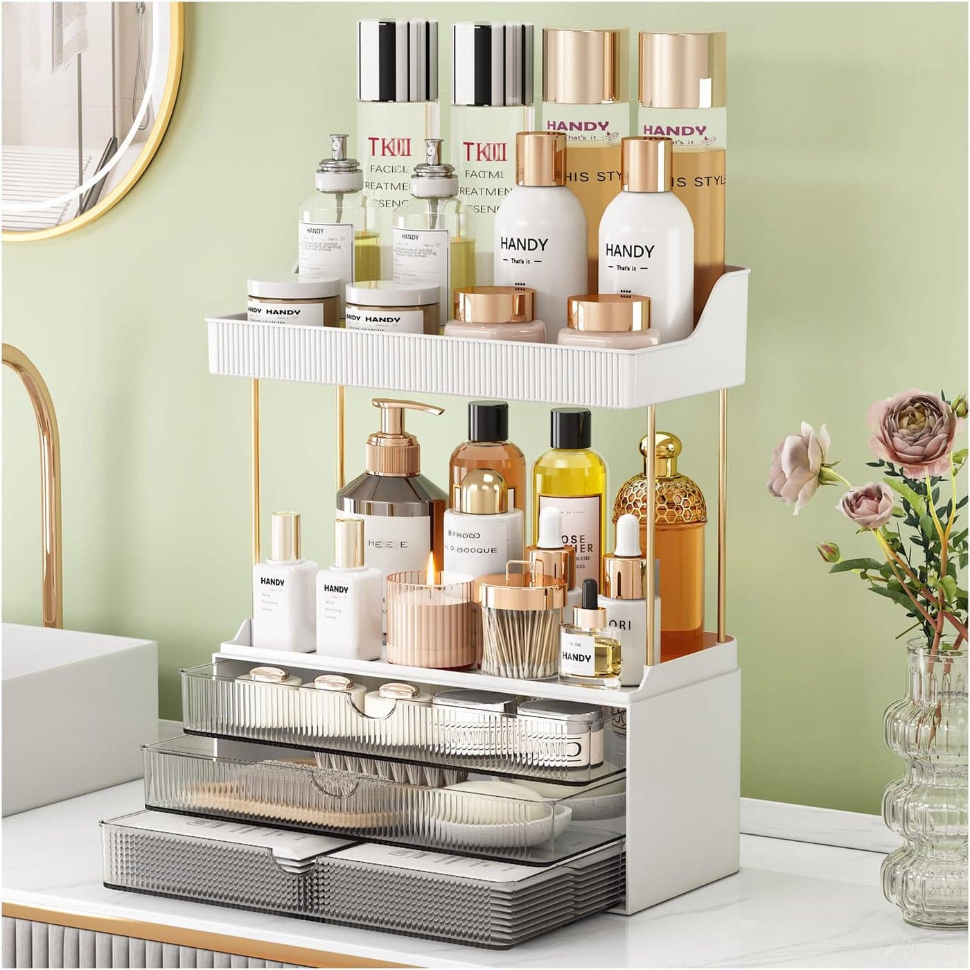3 Drawers Bathroom Counter Organizer 5 Tier Makeup Organizer Versatile Perfume Organizer Ideal for Bathroom Storage Vanity Large Skincare Perfume Present Grey