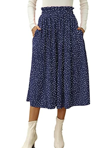 Long Polka Dot Skirt for Women High Waist Flared Swing Pleated Summer Midi Party Skirt with Pockets Dark Blue,S