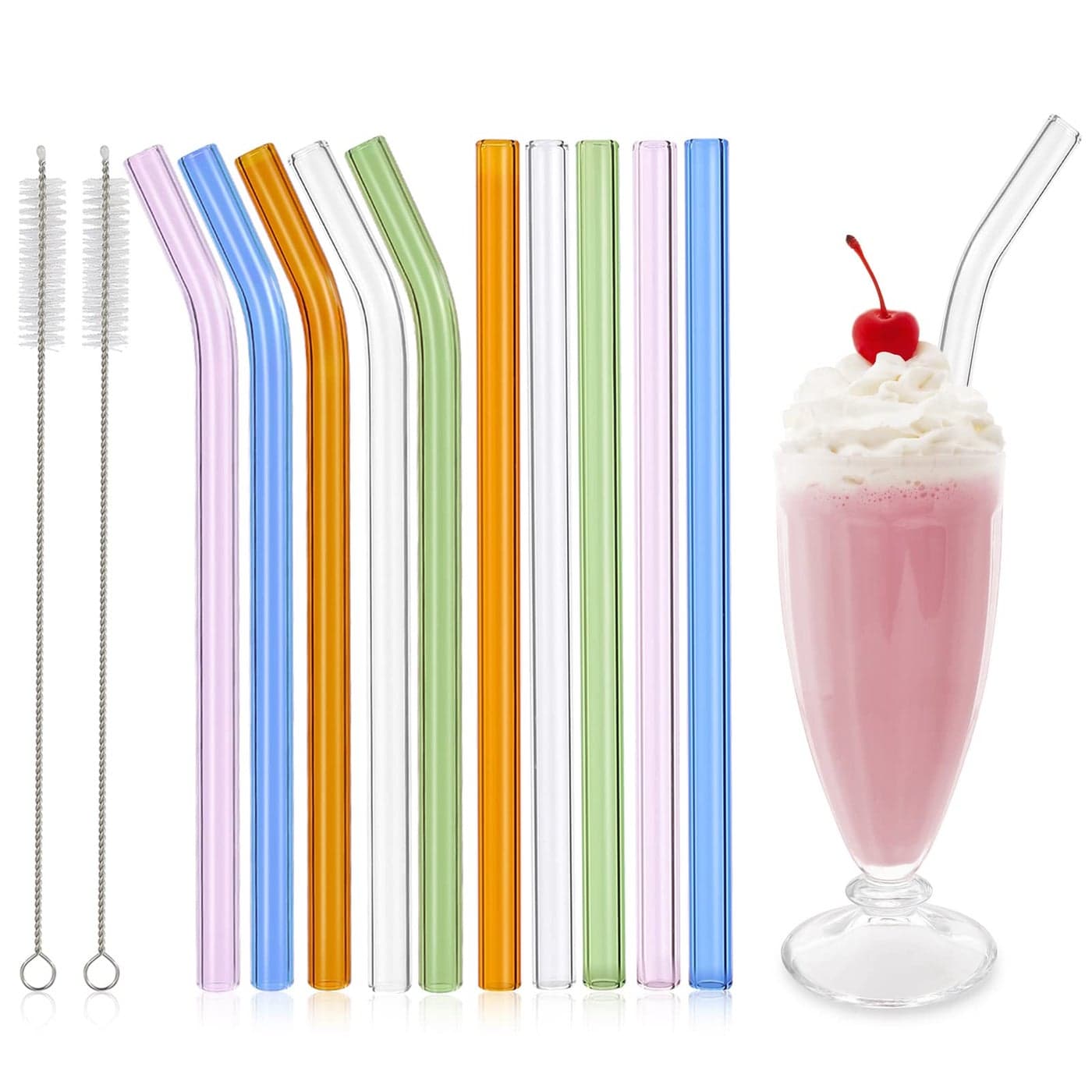 RENYIH 10 Pcs Reusable Glass Smoothie Straws9x12 mm Glass Drinking Straws for Milkshakes Tea JuiceSet of 5 Straight and 5 Bent with 2 Cleaning Brushes Dishwasher SafeColorful