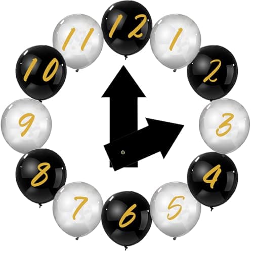 Gemscream 14 Pcs New Year Eve Party Decor Kit Wall Clock Countdown Balloons Set with Confetti Inside Countdown Celebration Picture Ready Wall for Year End Decor Celebration Black Sliver Gold