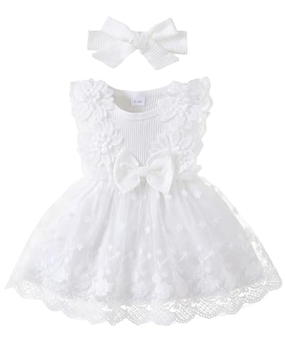 Renotemy Infant Baby Girl Tulle Tutu Dress White Lace Sleeveless Boho Fairy Baptism Princess Wedding Birthday Party Dresses for Baby Girls with Flower Headband 6-12 Months