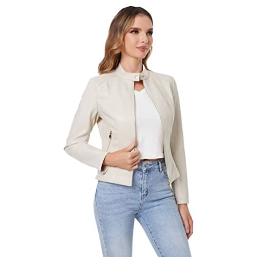 DIASHINY Beige Faux Leather Jacket For Women, Zip Up Moto Biker Coat, Short PU Motorcycle Outwear 006 L