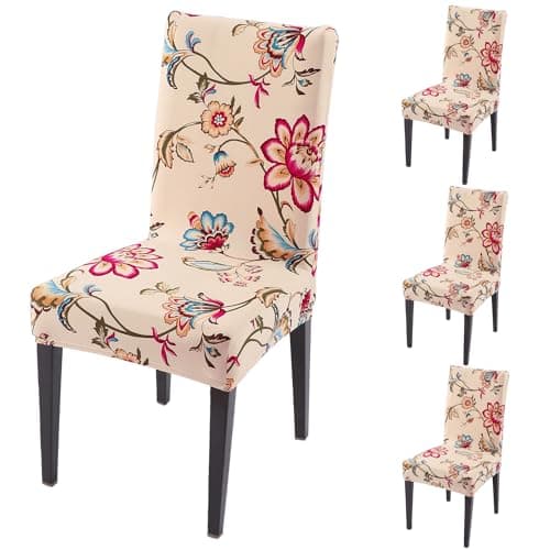 HOKIPO 140GSM Elastic Dining Table Chair Cover Set of 4, Beach Beige Dahlia (AR-5131-D11*4)