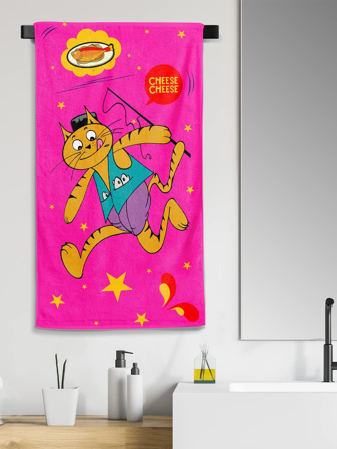 Sassoon Cartoon Printed Small Cotton Bath Towel in 300 GSM for Kids (Pink Cheese)