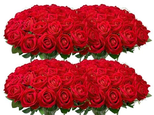 Wondrus Bulk Artificial Flowers 100 PCS, Fake Velvet Silk Red Roses with Long Stems Realistic Bouquet for Wedding Centerpieces, Faux Arrangement for Home Table Decor