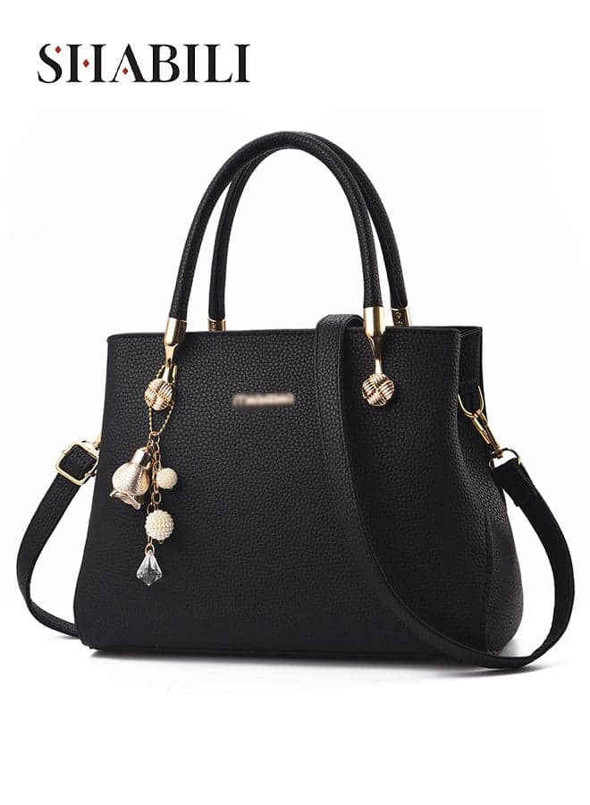 Women PU Shoulder Crossbody Satchel Tote Handbag With Large Capacity Multi-Pocket Texture & Floral Charm, Ladies Youth Fashion Cross Bags Secure Phone Tablet For Daily Casual Travel Party (Black)