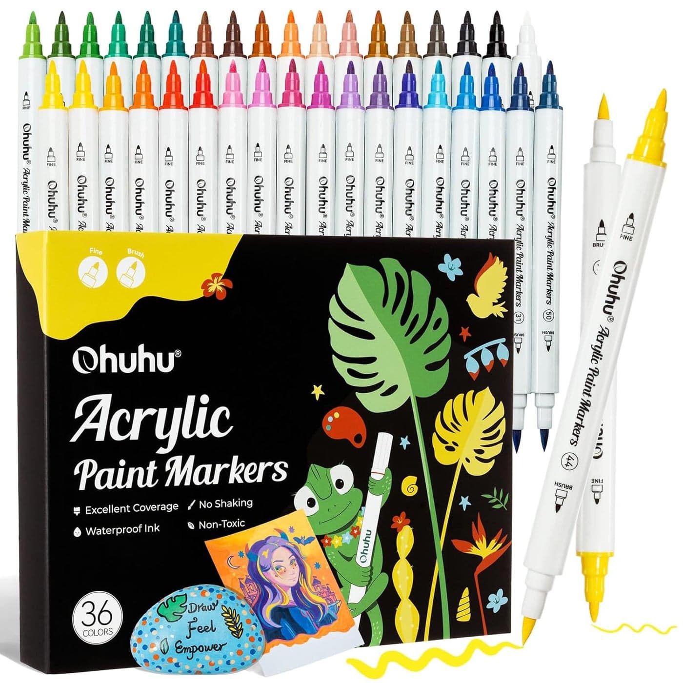 Ohuhu Acrylic Paint Markers 36 Colors Dual Tips Brush Fine Paint Pens High Opacity Acrylic Markers Waterproof Lightfast for Rock Painting Easter Eggs Wood Glass Ceramic Canvas