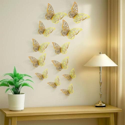Party Propz Golden Butterfly Wall Stickers For Home Decoration - Set of 12 Pcs Gold Butterfly Wall Decor Items | Aesthetic Home Decor | Room Decor Aesthetic For Girls (Cardstock)