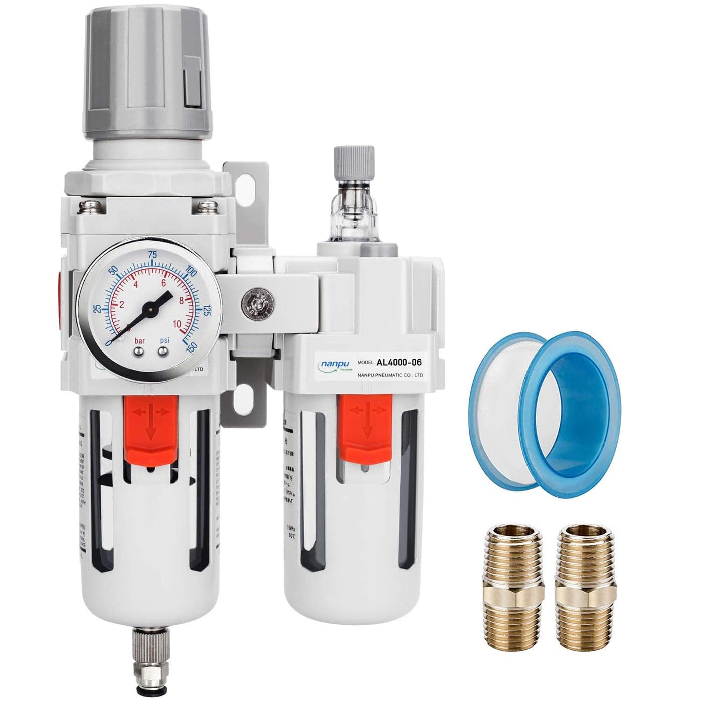 NANPU 34 NPT Compressed Air Filter Regulator Lubricator Combo FRL WaterOil Trap Separator Gauge0150 psi 5 Micron Brass ElementPoly Bowl SemiAuto Drain Metal Bracket