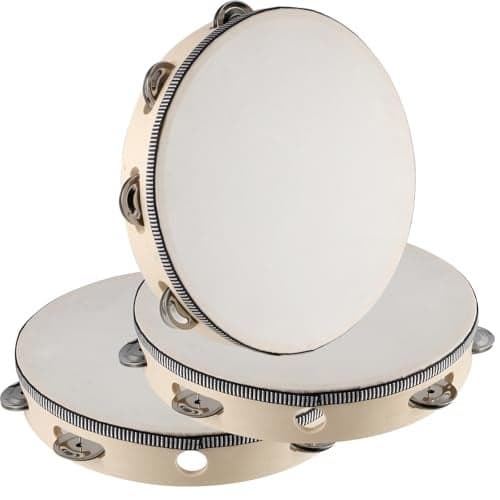 SINJEUN 3 Pack 10 Inch Tambourine for Adults Wooden Tambourine, Hand Held Drum Bell Birch Metal Jingles Percussion, Single Row Instrument Wood Tambourine Musical Instrument for Church, KTV, Party