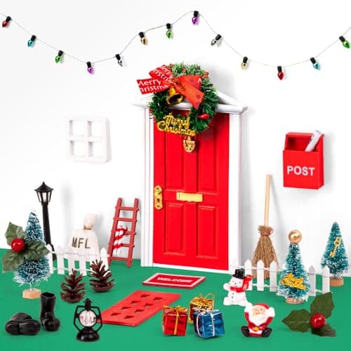 31PCS Christmas Elf Fairy Door Kit Miniature Accessories Garden Wooden Decorations Craft Set Red