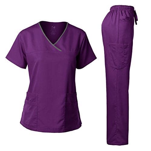 Dagacci Scrubs for Women Set – Stretch Medical Uniform, Contrast Binding Top and Pants Womens Scrub Sets (X-Small, Eggplant)
