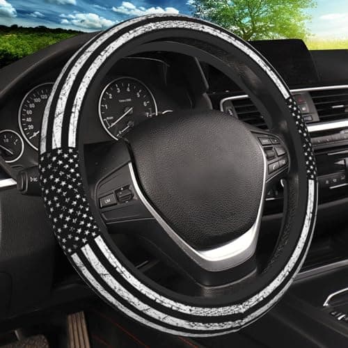 Black White American Flag Elastic Steering Wheel Cover NonSlip Breathable Neoprene Steering Wheel Covers Men Car Accessories Universal 15 Inch Fit Auto Suvs Truck