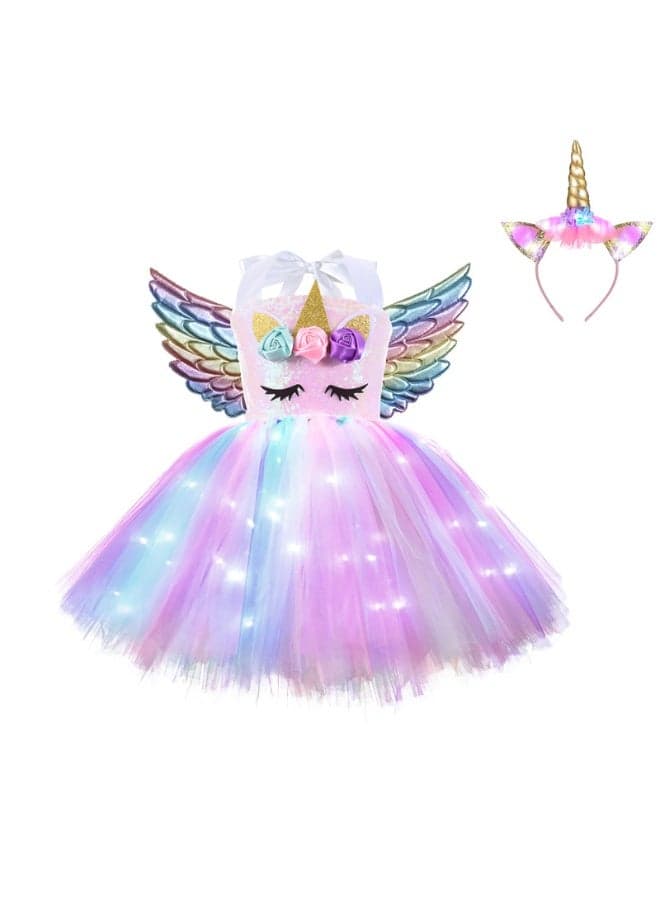 Light Up Unicorn Costume for Girls, LED Princess Tutu Dress with Headband, Sequin Front Birthday Party Outfit, Christmas & Halloween Kids Dress, Gift for Girls 10T(140-155cm)