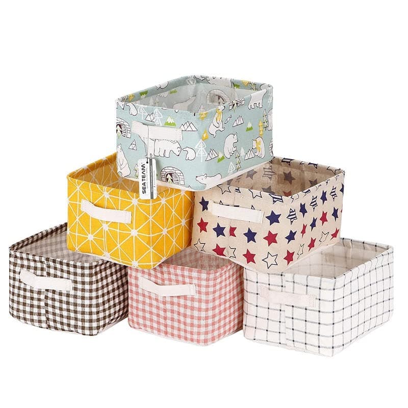 VazzLox Pack of 4 Foldable Multipurpose Storage Box Small Canvas Fabric Organizer Baskets for Organizing Storage Box with Handles Boxes for Wardrobe Multi Design polyethylene Rectangular