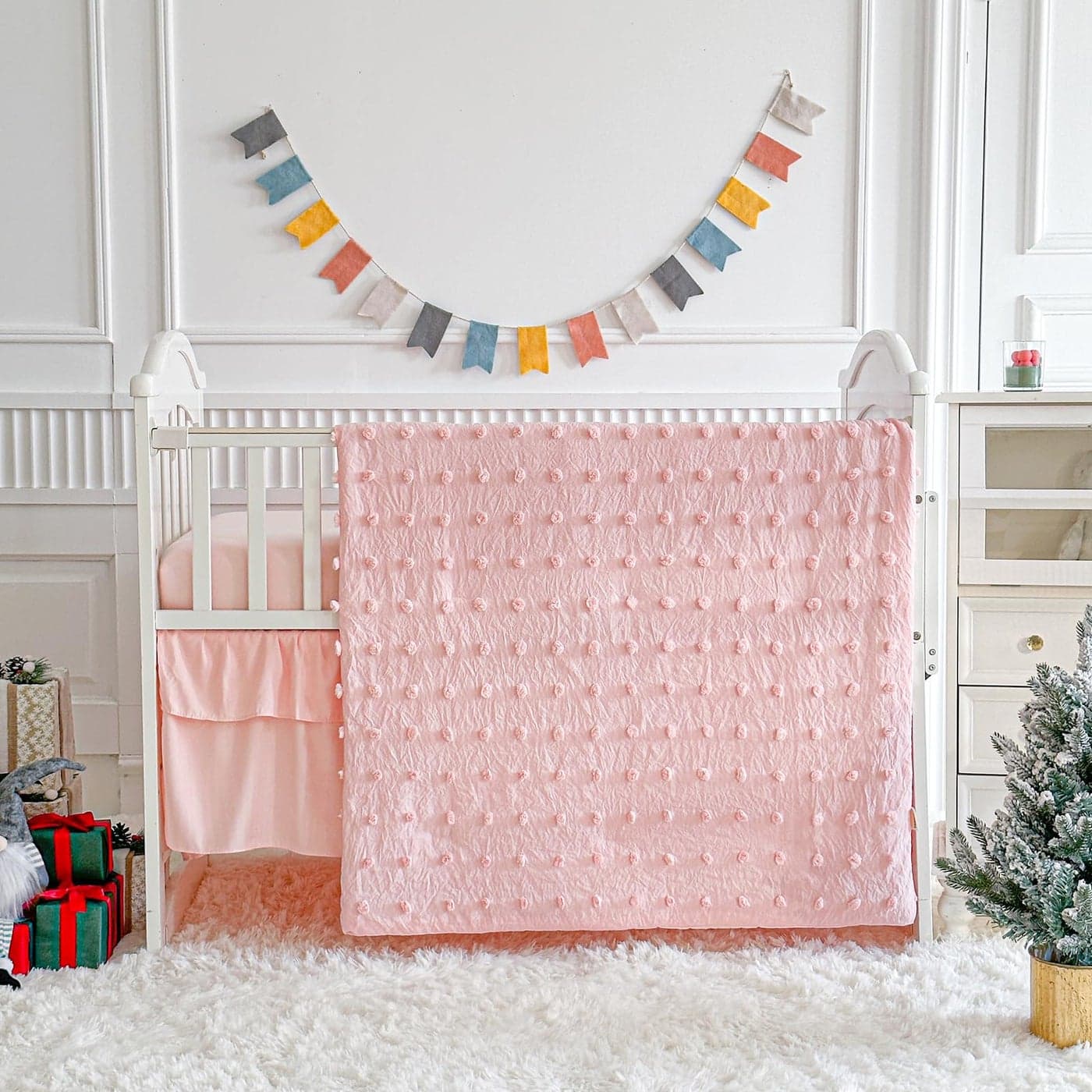 Pink Crib Bedding Set Tufted Dots Jacquard Baby Girls Comforter with Fitted Sheet and Bed Skirt Cute Embroidery Boho Shabby Chic Soft Blanket Pom Pom Tufts 3pc Crib Bed Set