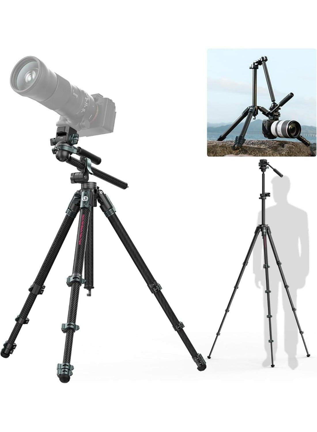 ULANZI JJ06 73.6" Carbon Fiber Video Tripod, Horizontal Tripod w Central Column,Handle and UKA Quick Release Plate for Cameras/DSLR/Camcorder, Dual 360° Pan Head, Weight 3.88 lbs, Maxload 39.7 lbs