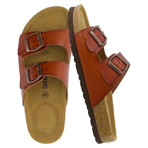CUSHIONAIRE Lane Cork Footbed Sandals for Women – Comfortable Double Buckle Slip-On with Genuine Suede Footbed & Arch Support Slides for Women Footwear, WHISKEY 6