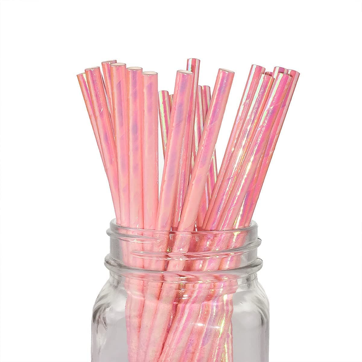 Coral Pink Pearl Paper Straws Bulk 100 Iridescent Pink Paper Straws Cocktail Iridescent Decorations Disposable Sparkle Straws for Pink Party Birthday Wedding in Bright Rainbow