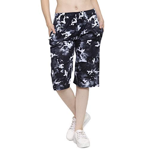 Uzarus Women's Girls Cotton Three Fourth Capri Shorts With Two Zippered Pockets Black Regular Fit