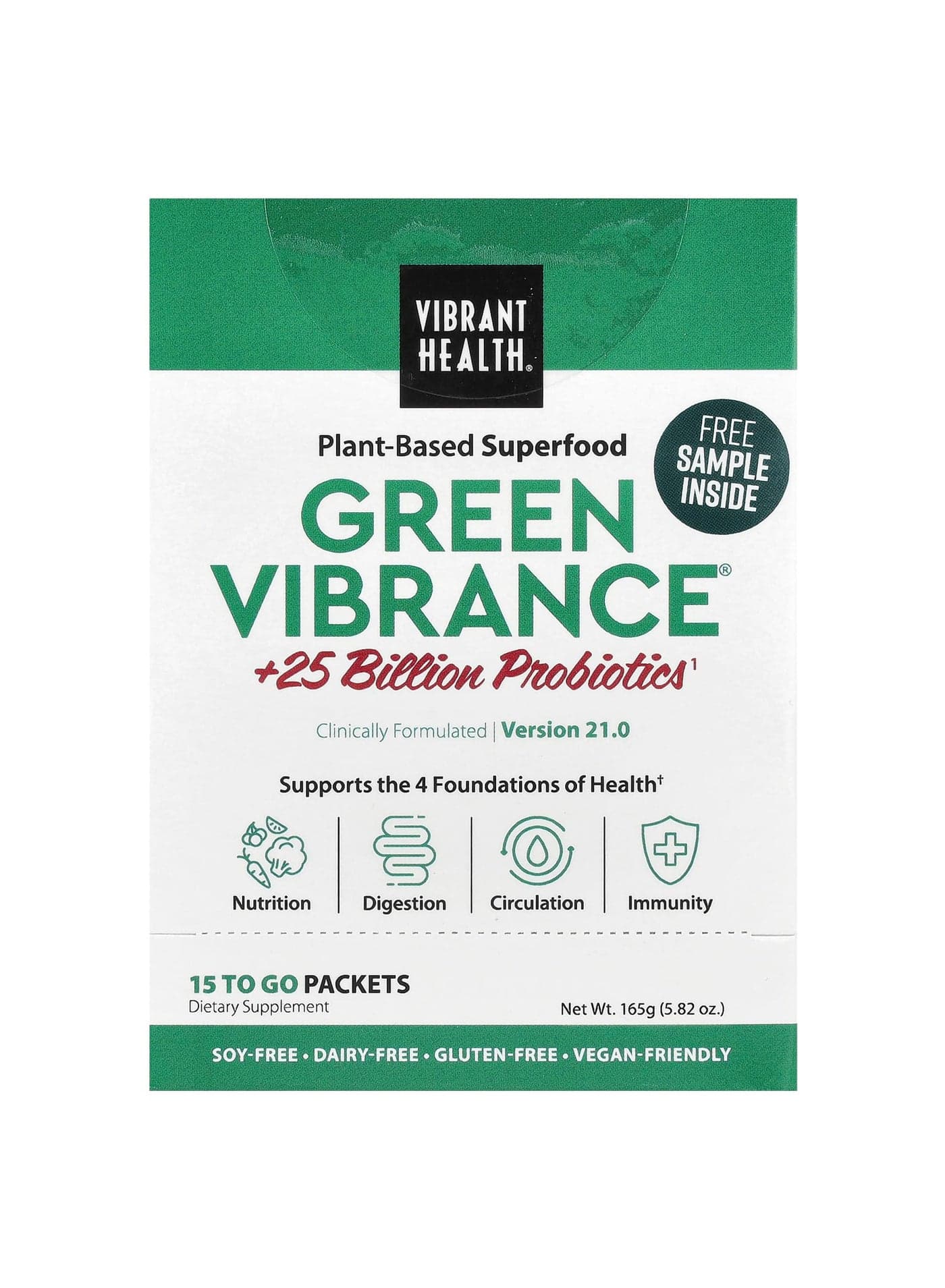 Green Vibrance® +25 Billion Probiotics, Version 21.0, 15 To Go Packets, 5.82 oz (165 g)