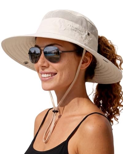 FURTALK Sun Hats for Women with Ponytail Hole Beach Hiking Summer Wide Brim Outdoor UV Protection Packable Bucket Safari Hat Beige