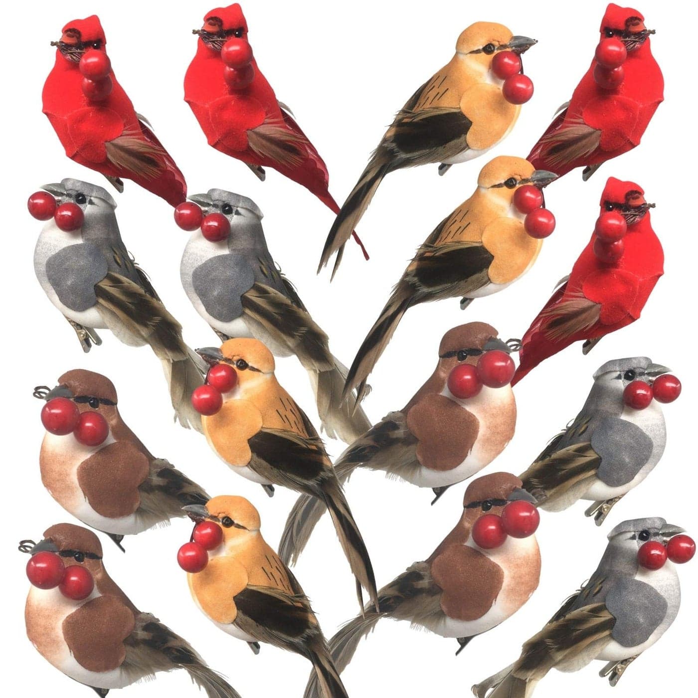 BANBERRY DESIGNS Feathered Song Bird ClipOn Ornaments Set of 16 Assorted Styles Cardinals Orioles Finches and Chickadees with Red Berries Each Measures 4 Inches