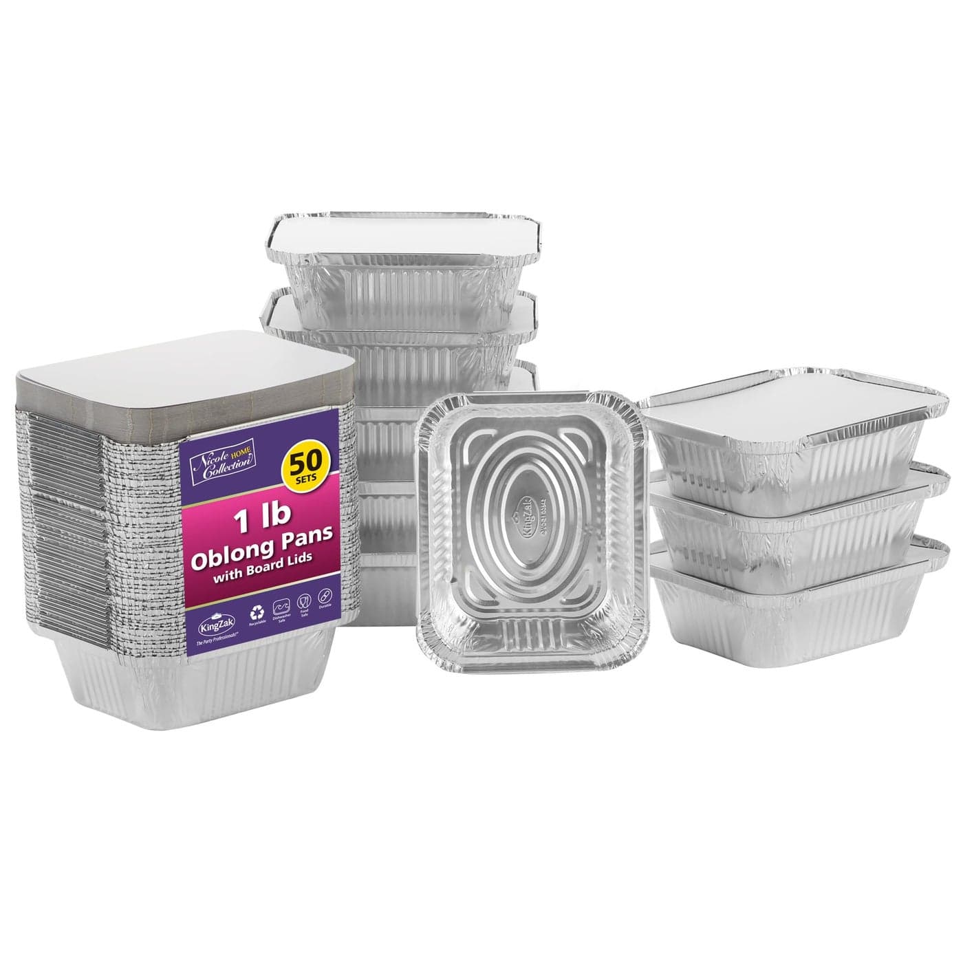 Nicole Home Collection Aluminum Pans With Lids 50 Count 1LB Oblong Pans 5x4 To Go Containers With Lids Disposable Tin Foil Pans Perfect For Catering Meal Prep Baking Freezer Safe