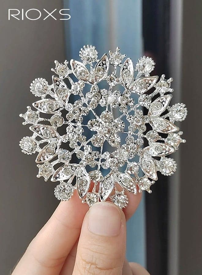 Crystal Rhinestone Brooch Flower for Women, Silver Sparkling Large Crystal Flower Brooch, Vintage Floral Lapel Pins Rhinestone Flower Bouquet Broochs, Wedding Bridal Dress Jewelry for Ladies