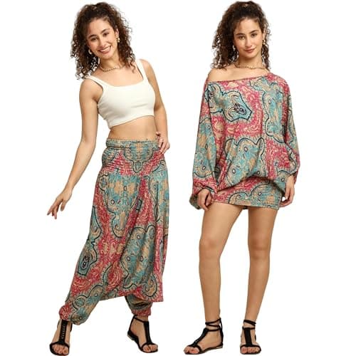 KE Kanha Exports Women's 3-in-1 Boho Convertible Pant | Multiway Harem Pants,& Top | Free Size Viscose Smocked Beachwear Boho Outfit