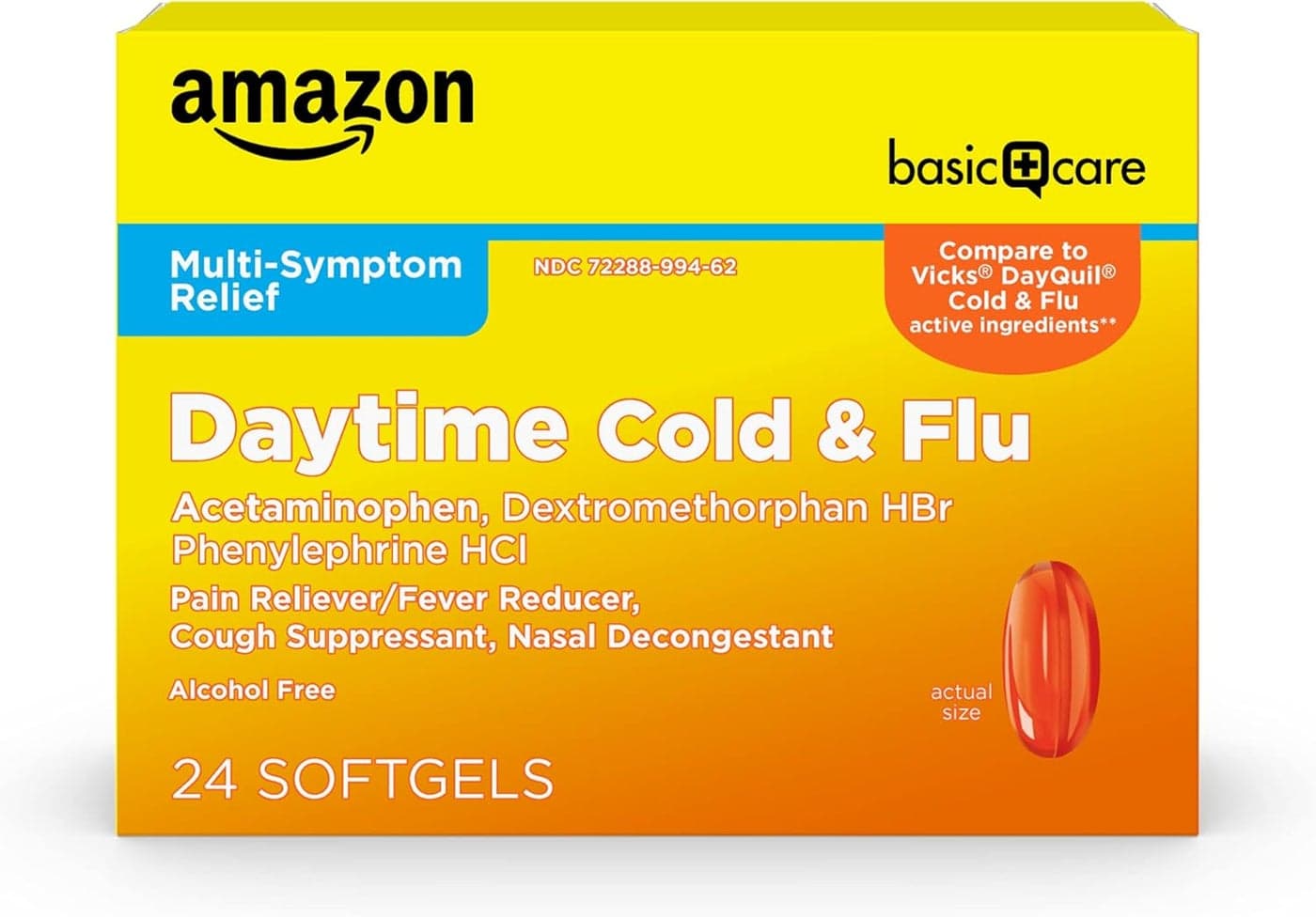 Care Daytime Cold and Flu Relief Softgels NonDrowsy Cold Medicine Relief of Pain Fever Cough Sore Throat Nasal Congestion 24 Count