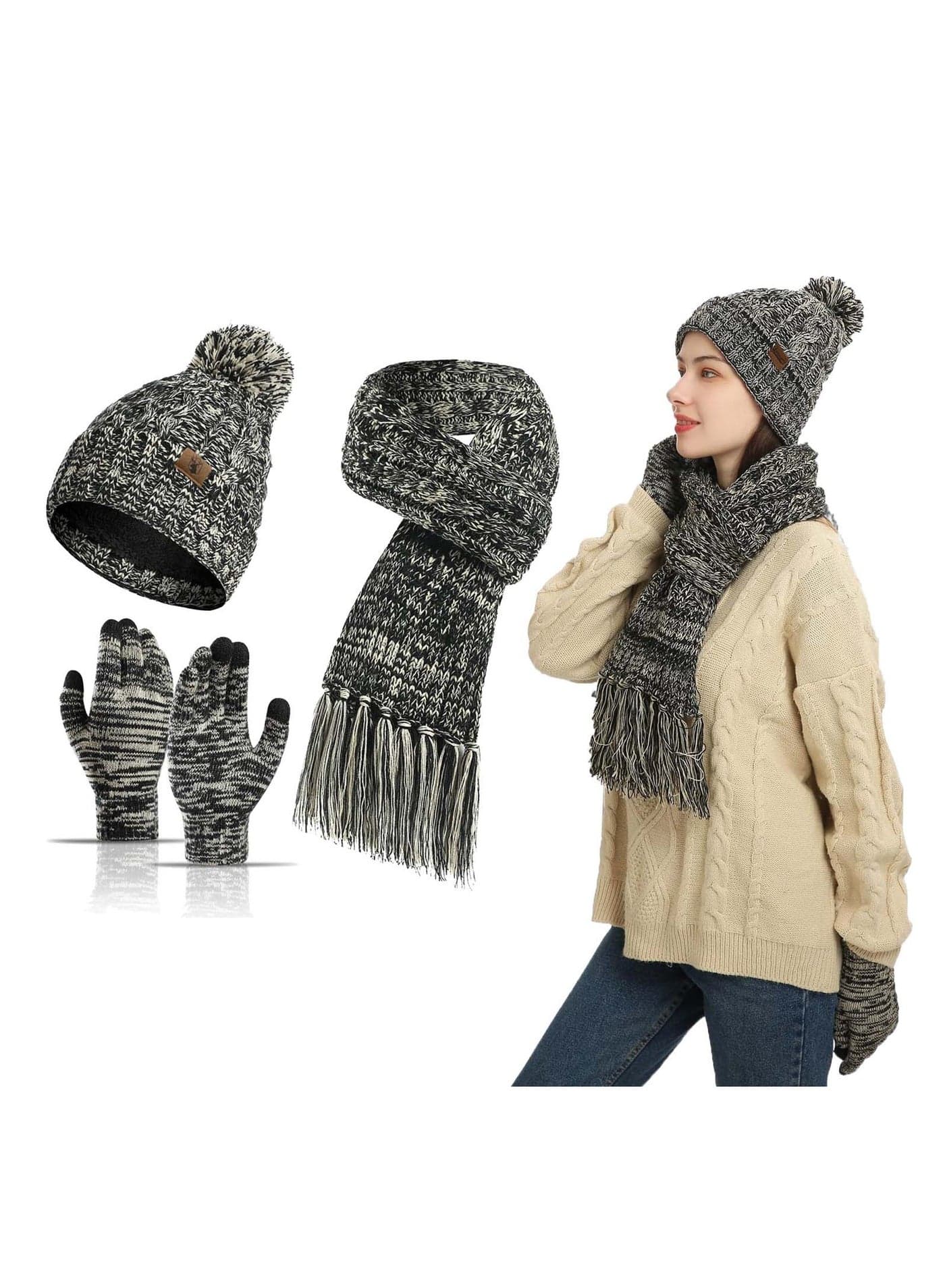 Womens Winter Warm Knit Beanie Scarf Hat Touchscreen Gloves Long Neck Scarf Set with Fleece Lined Skull Caps Warm Knitted Hat Scarves Gifts for Women Black