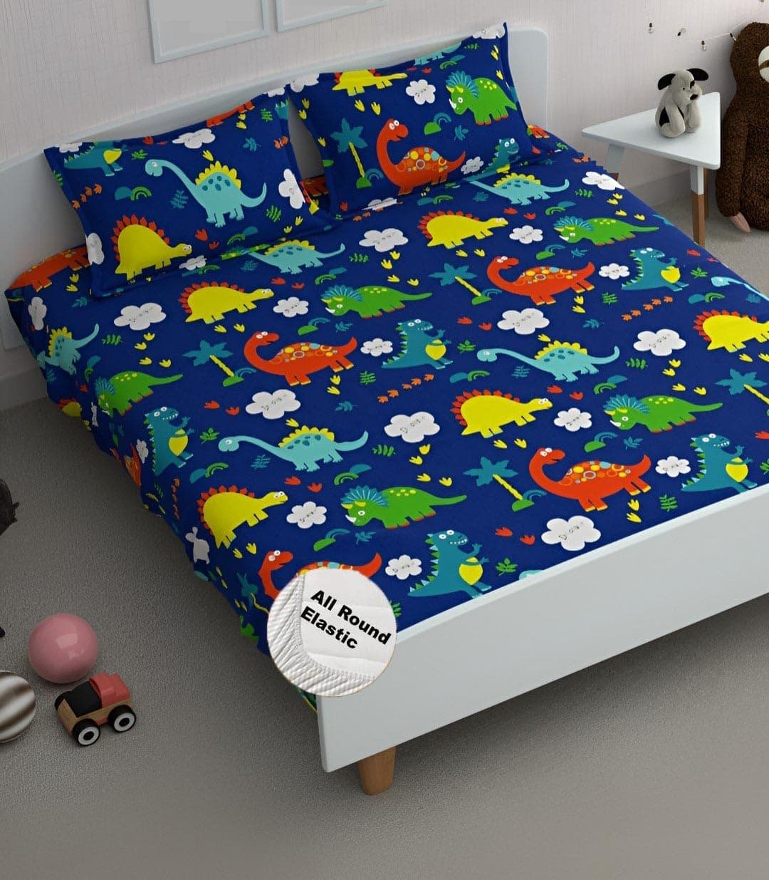 DECOMIZER Cartoon Kids Cotton Feel All Around Elastic Fitted King Size Double Bed Bedsheet With 2 Pillow Covers Fits Upto Mattress Of 8 Inches,Size - 72 X 78 X 10 Inches,Design- Bluedino, 300 TC