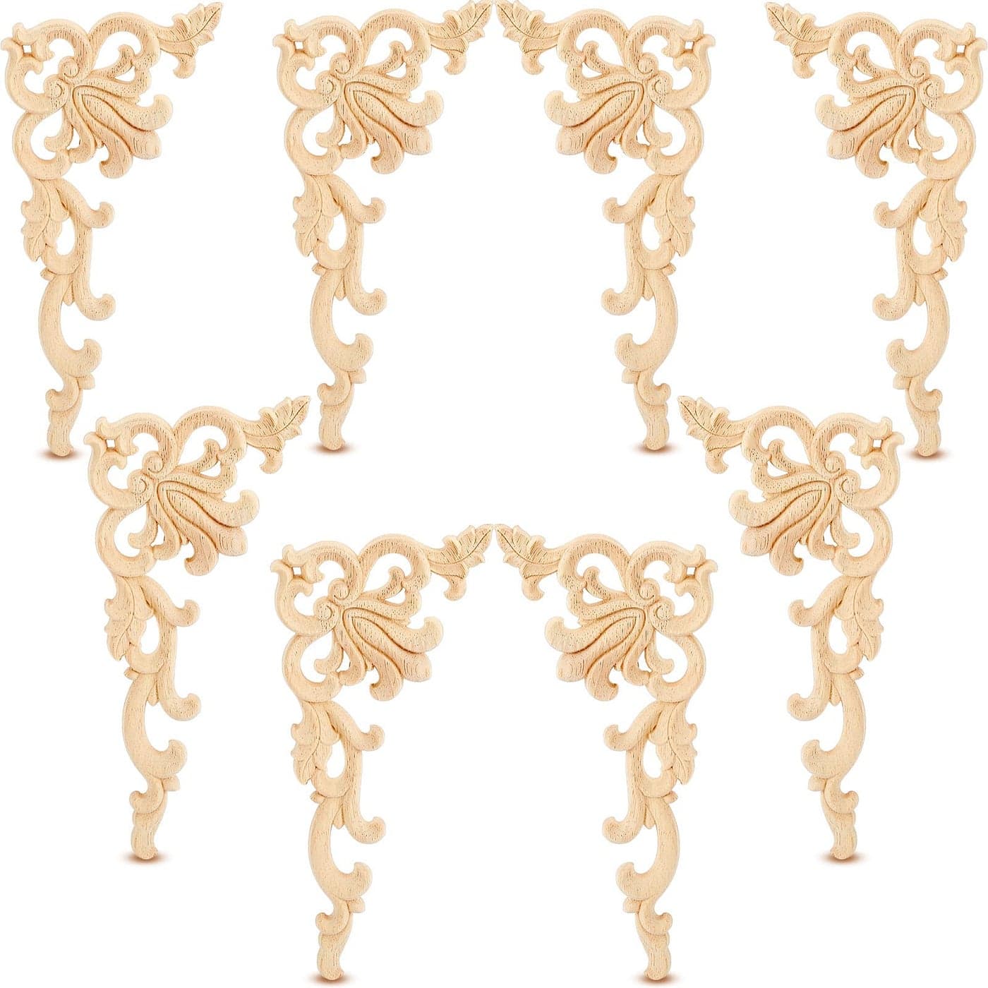 Yulejo 8 Pieces Wood Appliques Onlays Decorative Wooden Applique DIY Wood Appliques and Onlays for Furniture Unpainted Carved Corner Applique for Cabinet Door Bed Wardrobe Furniture Decoration