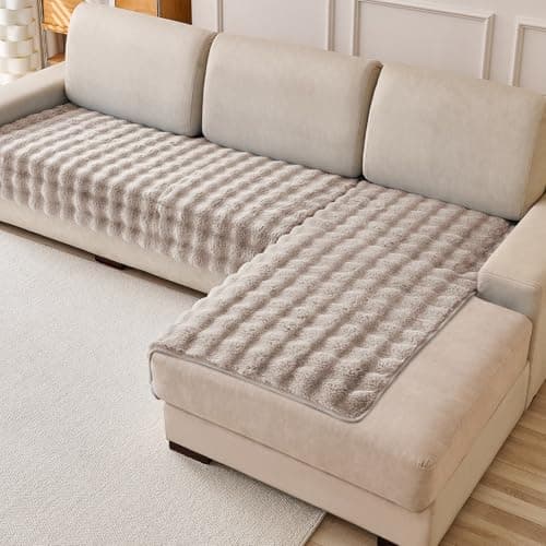 HOKIPO 'FurHug' Luxury Faux Rabbit Fur L Shape (2+2 Seater) Sofa Cover Mat, Latte Brown (AR-5013 + AR-5014-LCF)