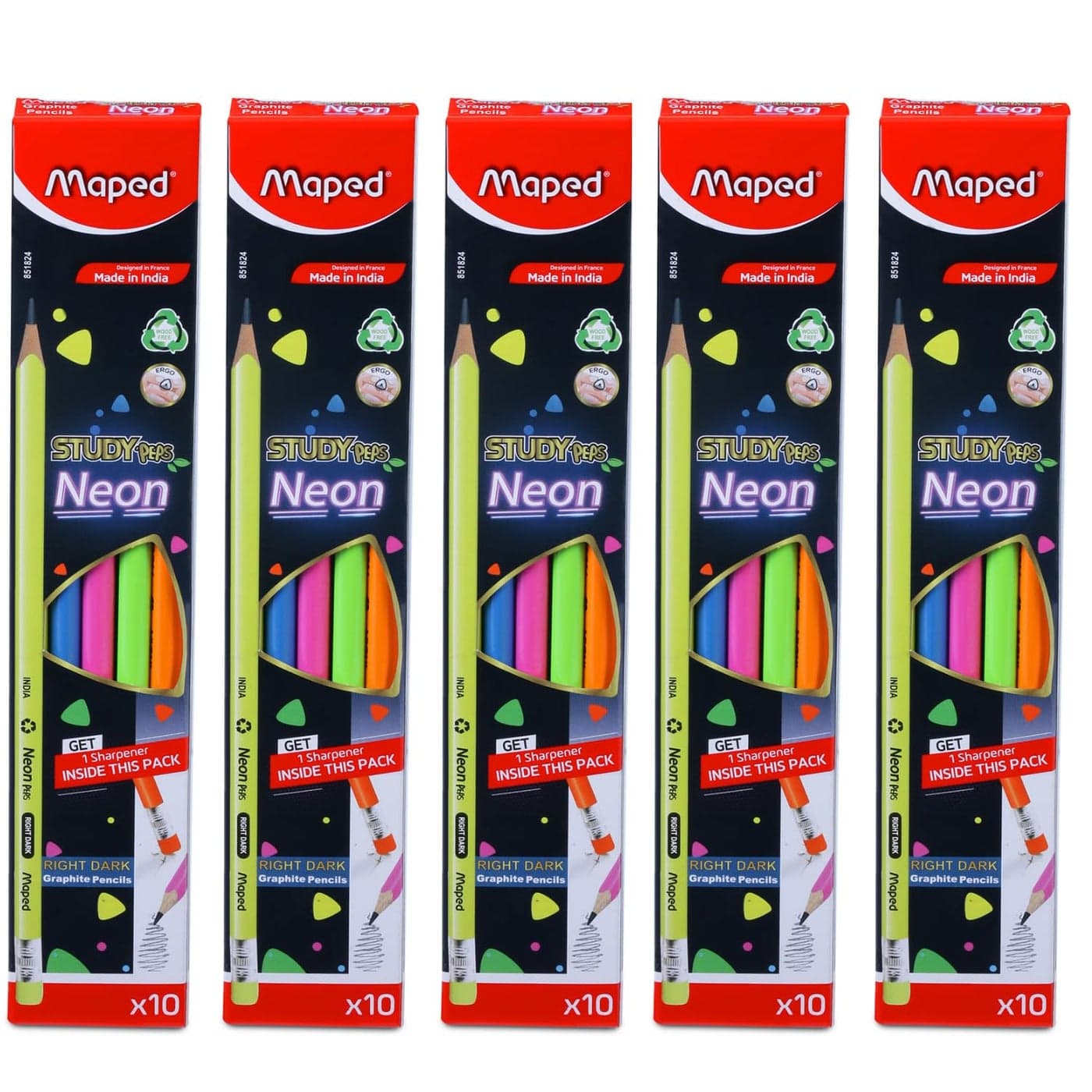 MAPED Neon Graphite Pencil 10pcs Pack of 5Writing Pencils50 Neon Pencils with Eraser Tip5 Free SharpenersTriangular Shape for Easy GripSoft and Extra DarkWoodFree PencilsGraphite Pencils